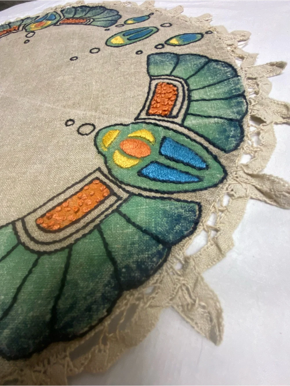 . Egyptian Revival Arts & Crafts Hand Crocheted Lace Linen 18” bird embroidered